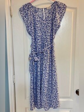 LOFT Blue and White Floral Midi Dress
